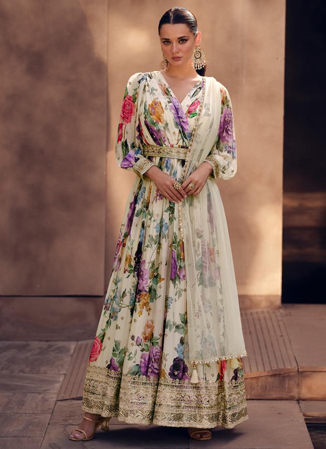 Georgette Multi Colour Party Wear Embroidery Work Readymade Gown With Dupatta